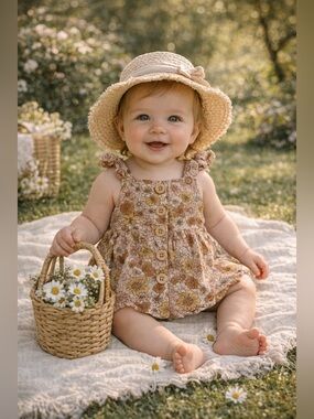 Rabbit + Bear Organic Size 6-9 Months Baby Floral Button Front Dress Pink Brown